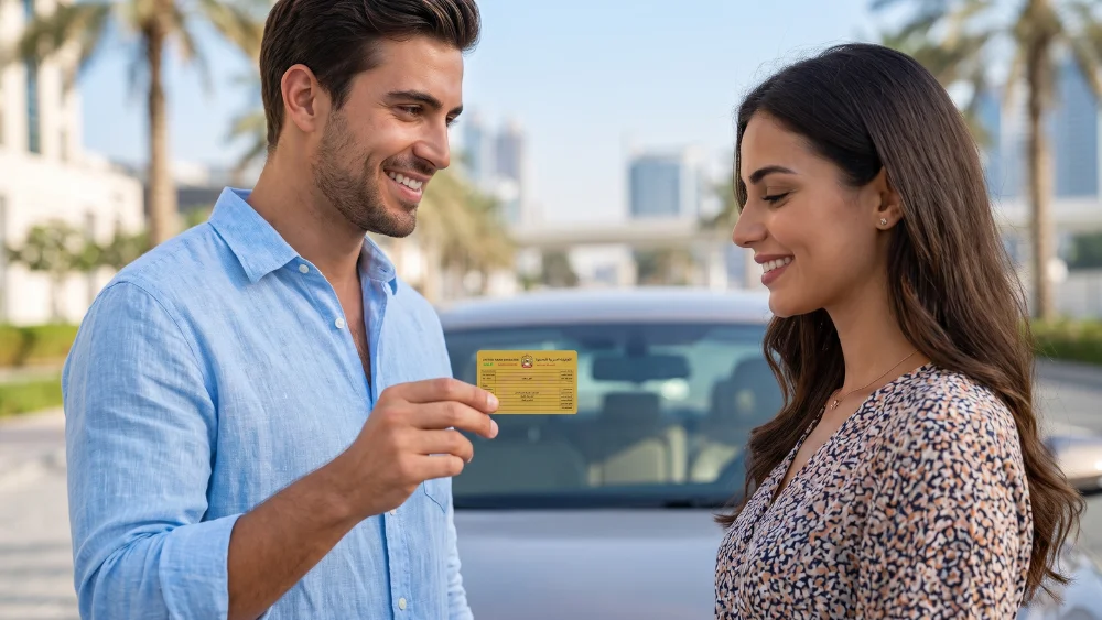 man showing the Mulkiya registration card when selling a used car in Dubai