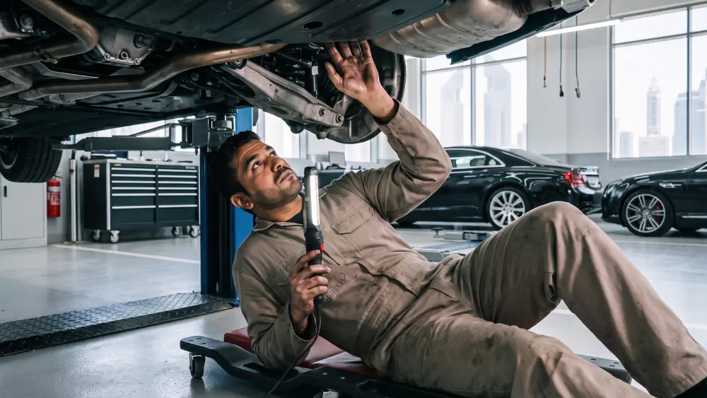 mechanic inspecting a used car engine before purchase in Dubai