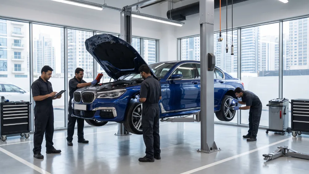 used car being inspected on a lift before buying in Dubai