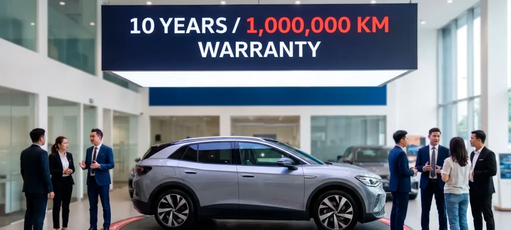 Car showroom promotion advertising a 1 million km warranty