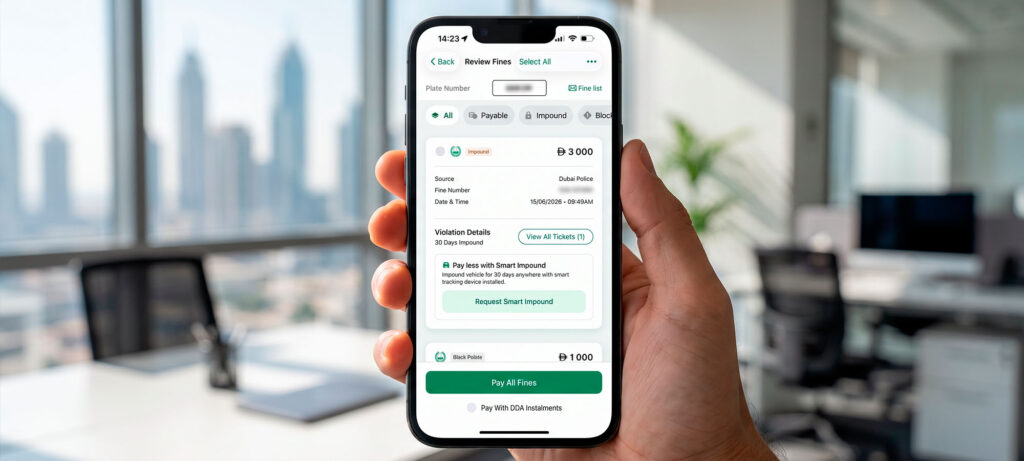 Dubai Police app displaying a vehicle impound notification related to black points UAE traffic violations