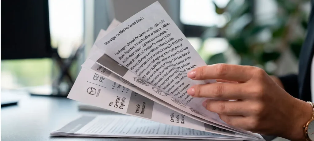 Hand holding papers comparing certified pre-owned (CPO) warranty terms from different car companies