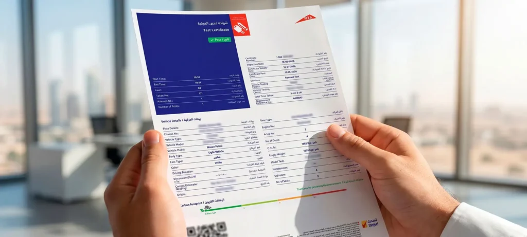 RTA vehicle inspection pass certificate held in hand for the documents required to sell a car in Dubai