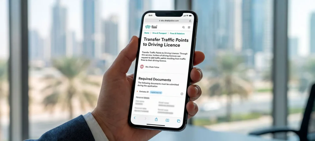 AMM website open on an iPhone for checking black points UAE drivers have on their Abu Dhabi driving licences