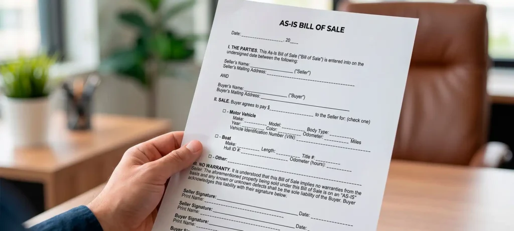 Person holding a used car sales agreement sold "as is" without warranty in the UAE