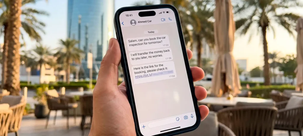 WhatsApp messages from a buyer asking to book a car inspection and pay later
