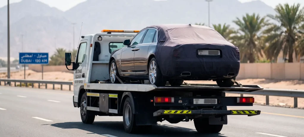Car being transported by recovery truck from Abu Dhabi to Dubai after registration cancellation