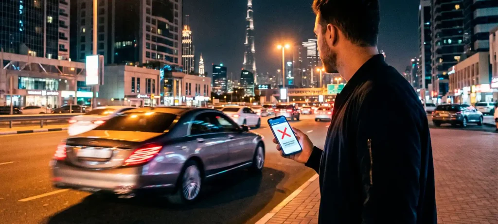 Car selling scam in Dubai: seller sees a failed payment on his phone as the buyer drives away at night.