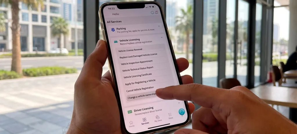 Man completing a vehicle ownership transfer through the RTA app