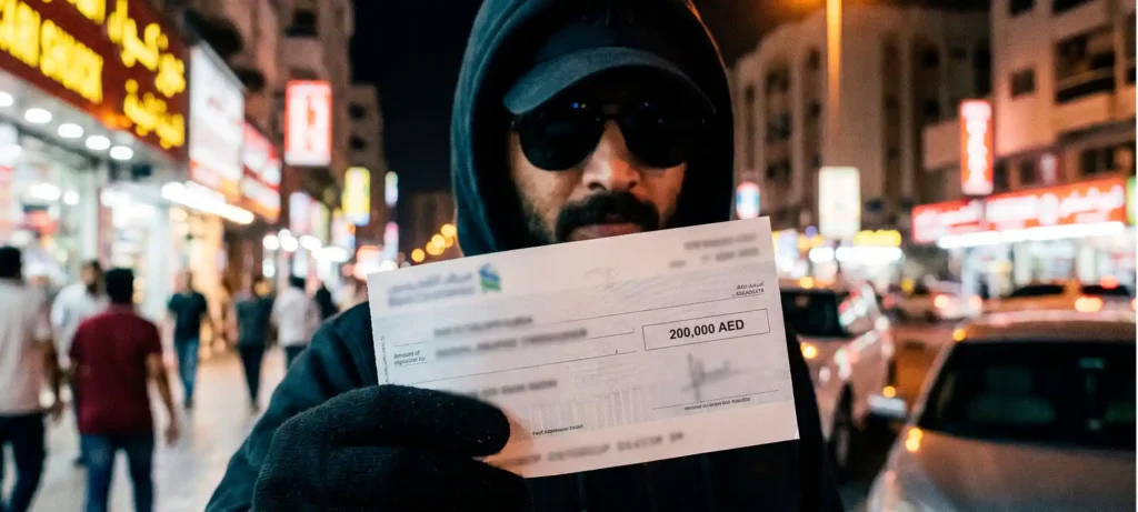 Man in black holding a cheque that appears genuine but may not guarantee payment
