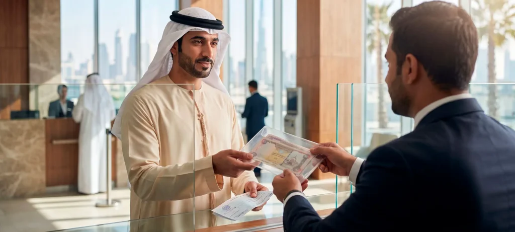 Person cashing a cheque at a bank