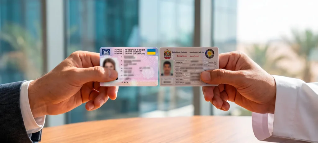 Two people exchanging driving licenses, illustrating driving license conversion in the UAE when the original foreign license must be surrendered.
