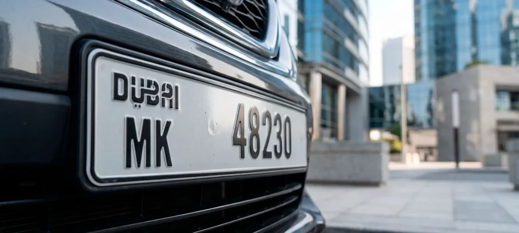 Close-up of a UAE vehicle number plate used when searching how to check traffic fines online