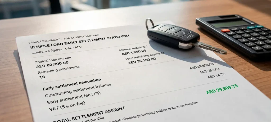 Sample vehicle loan early settlement statement showing the outstanding balance, fees, VAT and total settlement amount in AED.