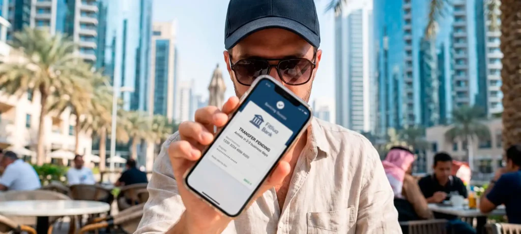 Buyer in sunglasses and a hat shows a bank transfer receipt on his phone, a fake payment confirmation used in car selling scams in the UAE