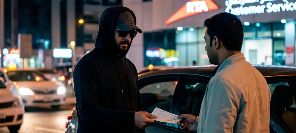 Man in black wearing sunglasses and a hat hands a bank cheque to a car seller at night near an RTA centre in Dubai