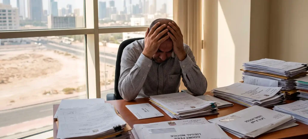 Desperate man surrounded by legal fee notices and unpaid bills
