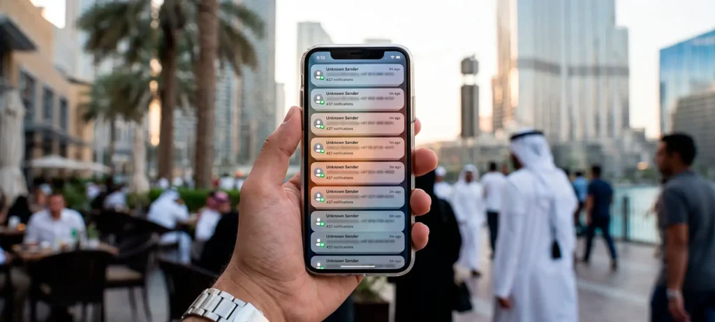 Hand checking an iPhone filled with notifications from unknown numbers