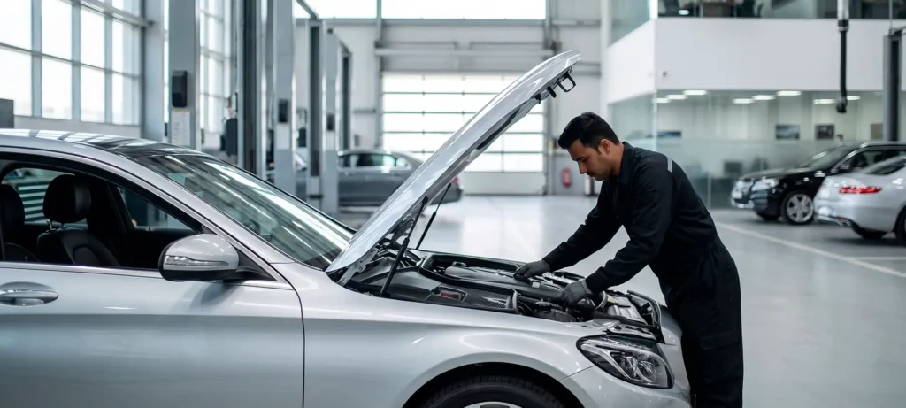 Mechanic inspecting a car in a clean, modern service center