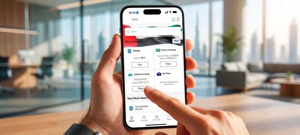 Man checking his vehicle registration status in the RTA app before starting rta vehicle renewal in Dubai