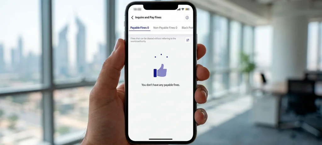 RTA app on a smartphone displaying the fines inquiry and payment service for drivers learning how to check traffic fines in Dubai