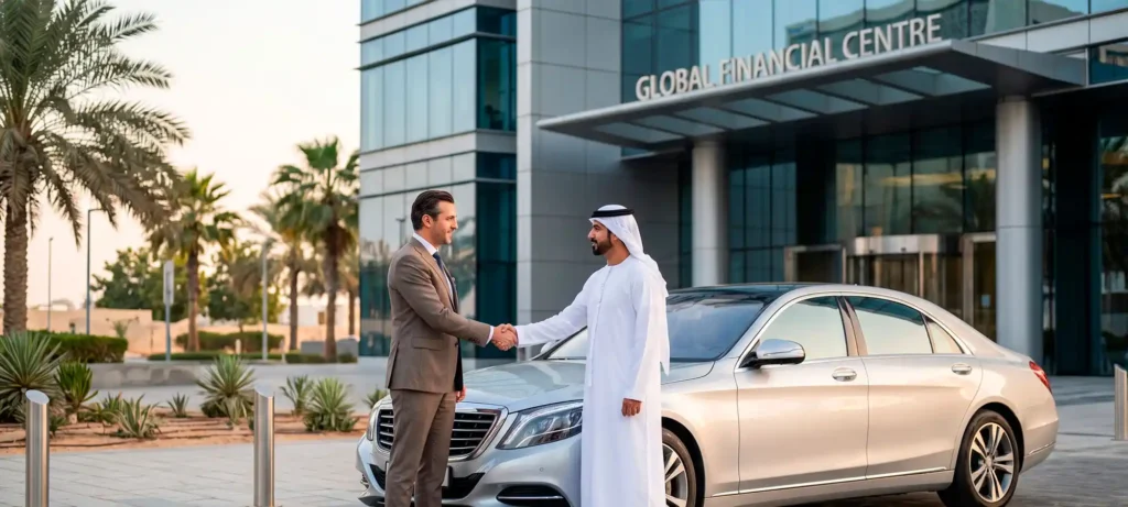 Car parked between a seller and a potential buyer near a bank in Dubai