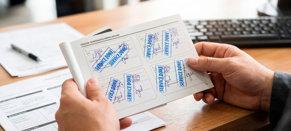 man holding a car's service history booklet with dealer stamps