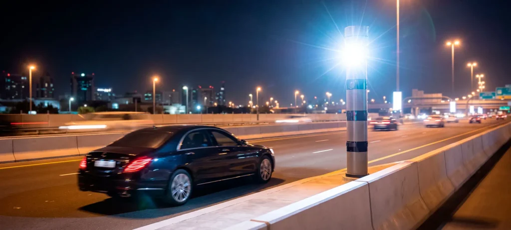 Car passing a speed camera that flashes to capture its number plate for traffic fine monitoring in the UAE