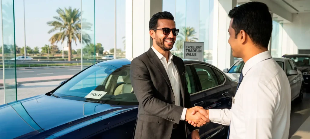 Satisfied car owner completing a trade-in as the fastest way to sell a car while upgrading to another vehicle