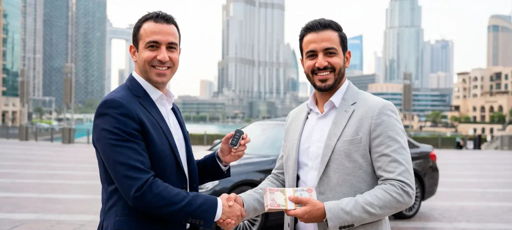 Two men shaking hands beside a car after completing a vehicle ownership transfer in Dubai.