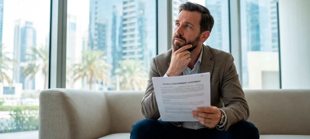 Man reviewing a vehicle consignment agreement to find the fastest way to sell a car in Dubai